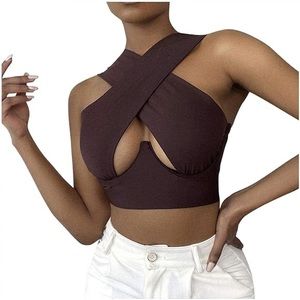 Chocolate Brown Tiktok Cross Wrap Crop Sleevless Top Sexy Going Out Size Small